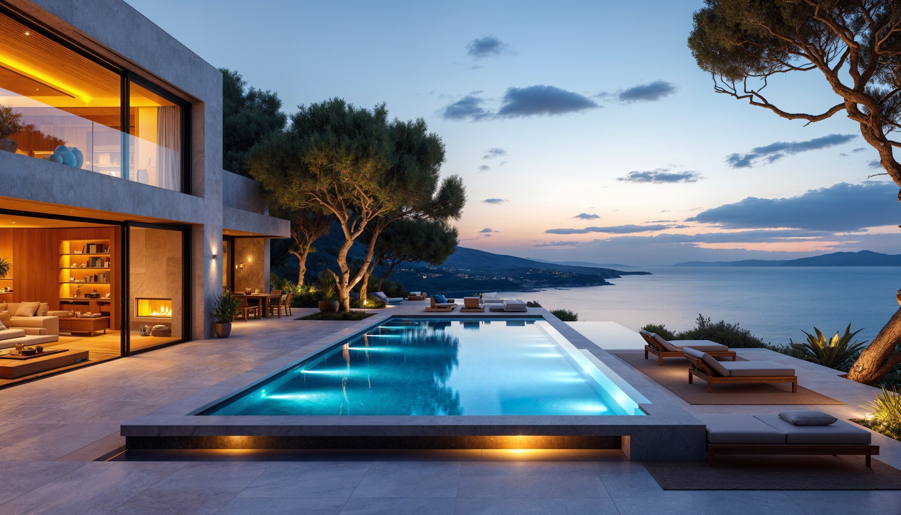 Villa de lujo con piscina infinita al atardecer